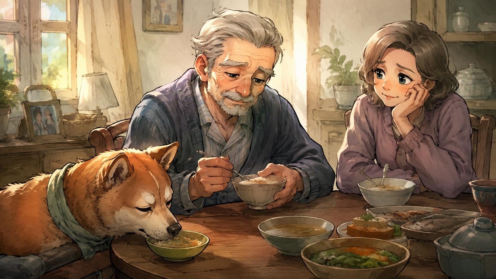老狗阿福只想陪爸爸把飯慢慢吃完